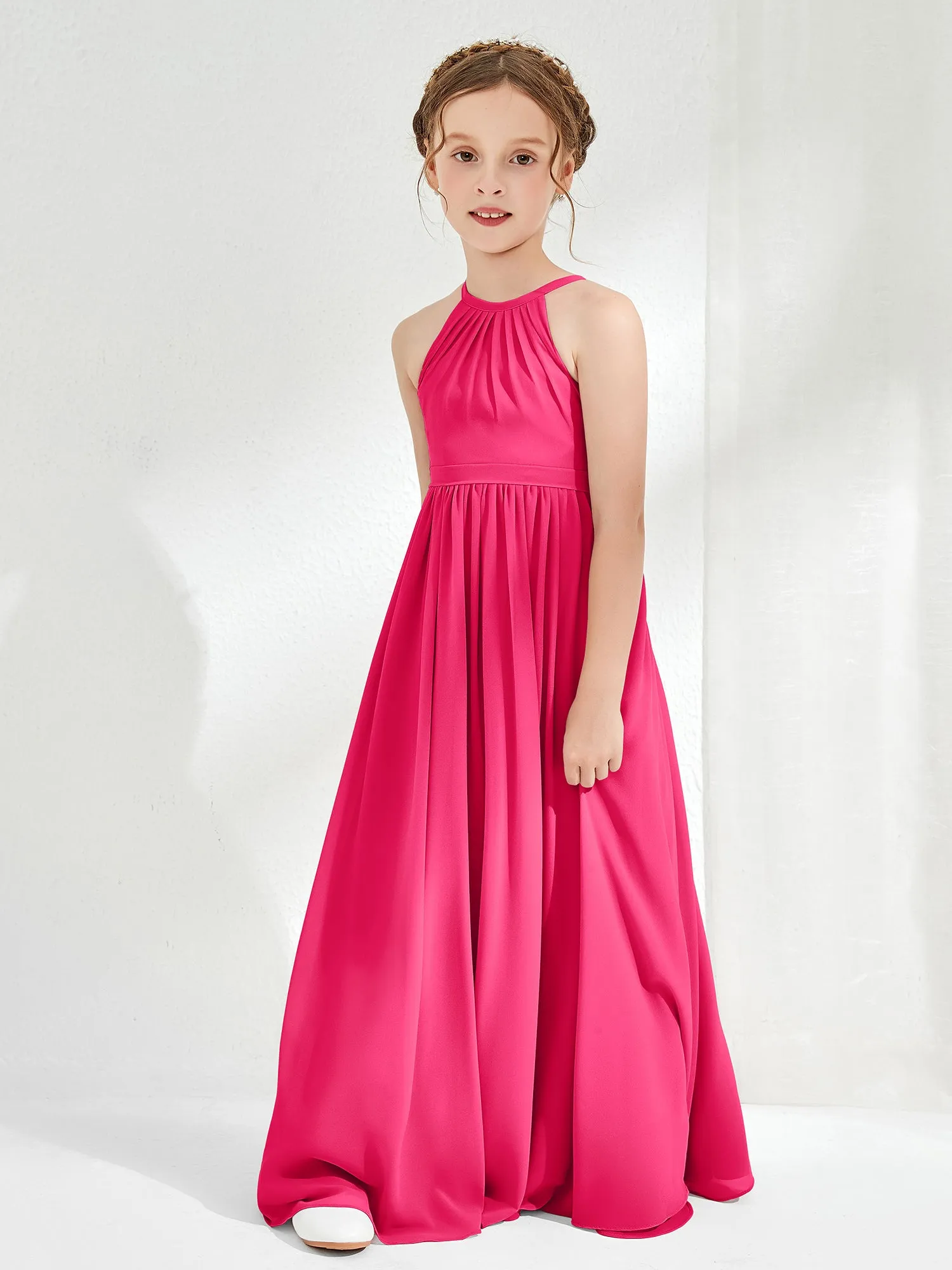A-line Sleeveless Chiffon Long Junior Bridesmaid Dress Fuchsia