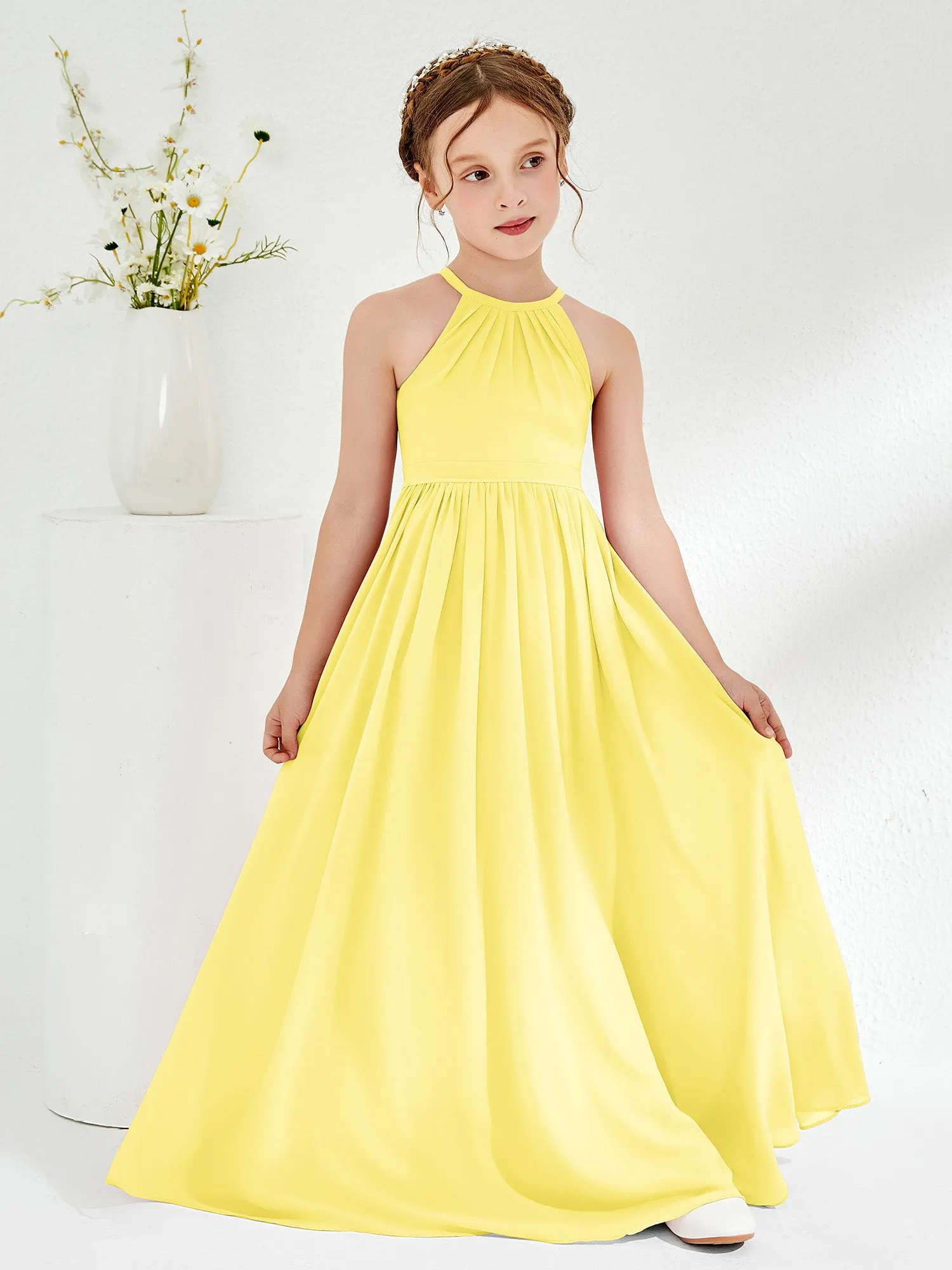 A-line Sleeveless Chiffon Long Junior Bridesmaid Dress Lemon