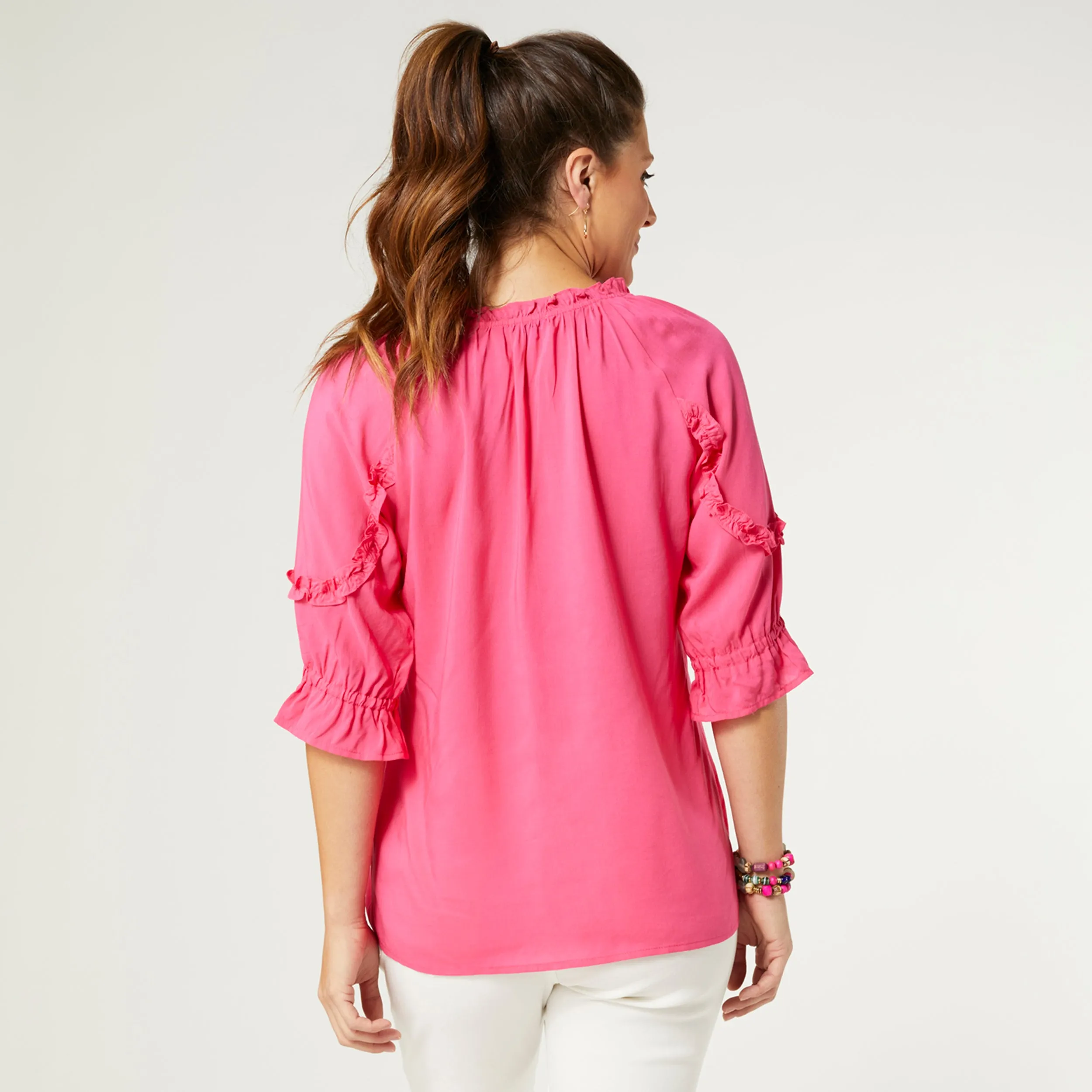Alice V-Neck Ruffle Sleeve Top - Bright Rose