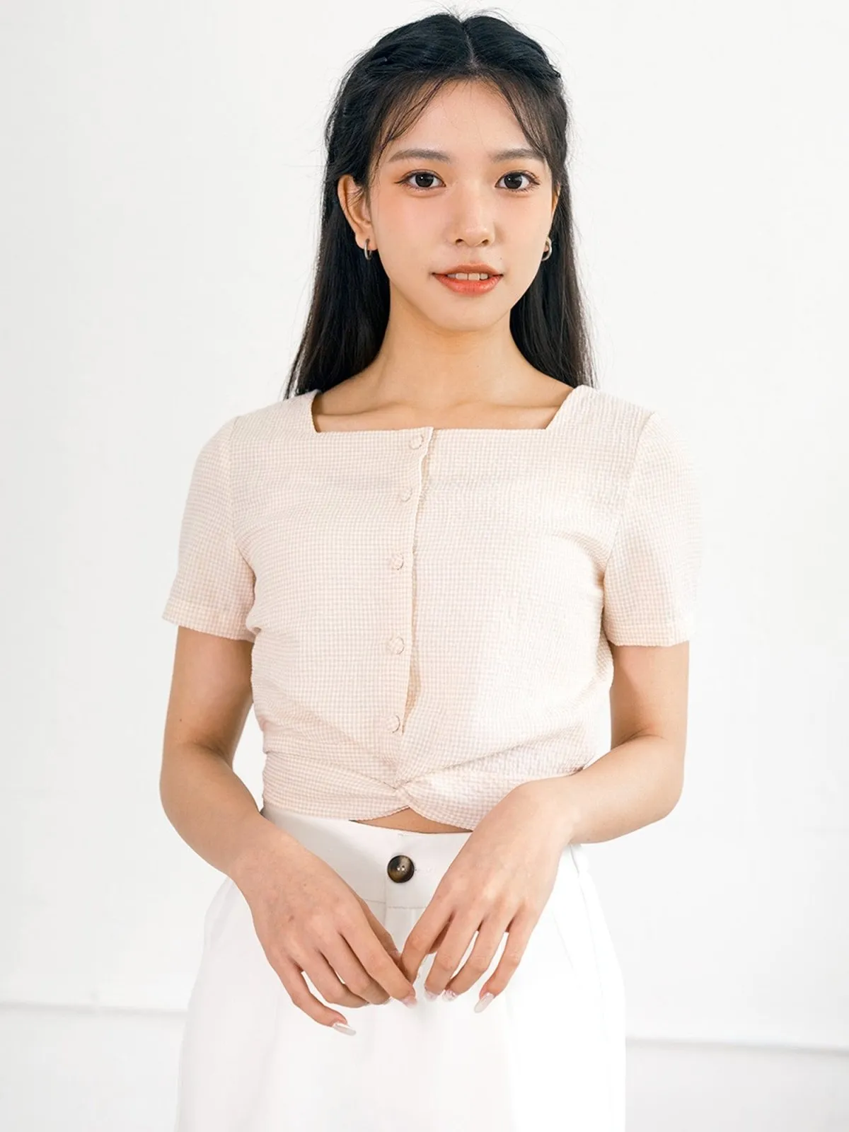 Alise 方領綁帶格紋上衣*