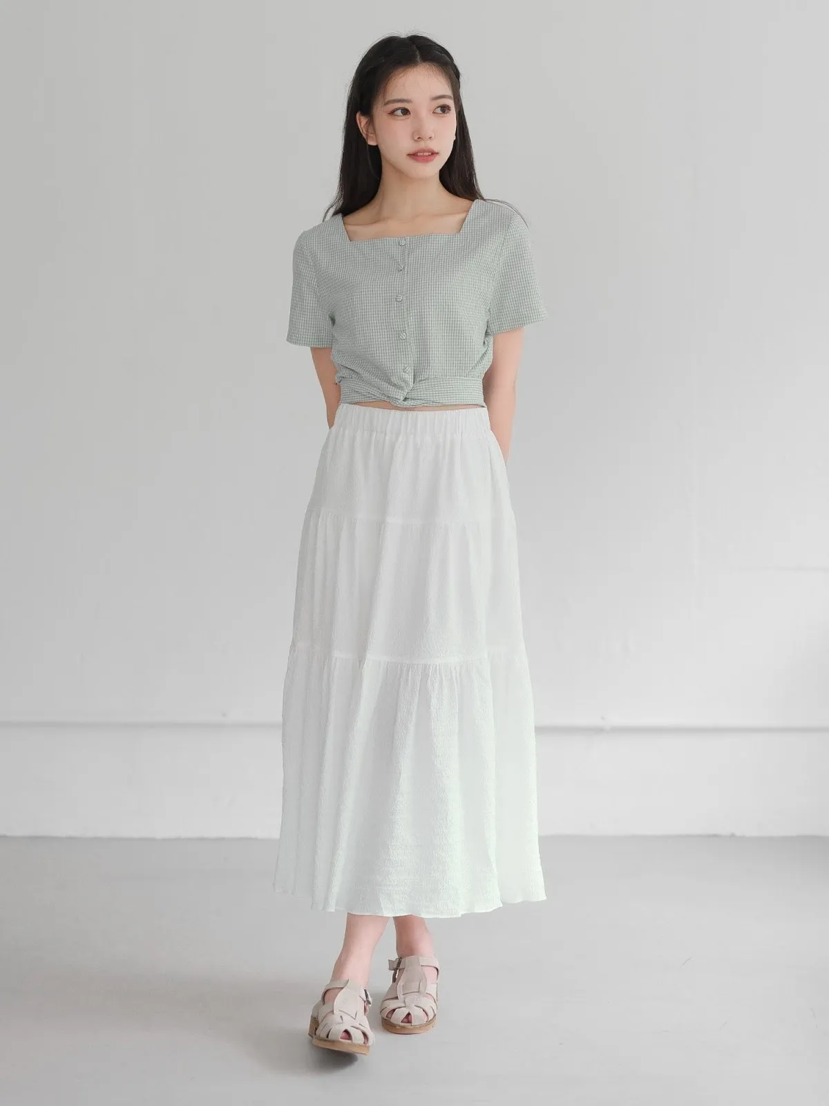 Alise 方領綁帶格紋上衣*