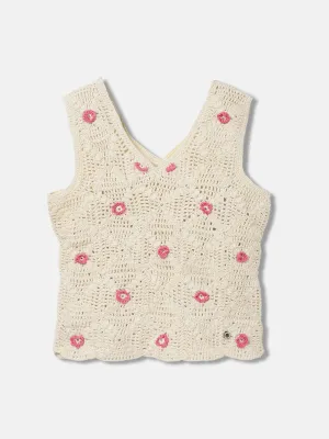 Elle Kids Girls Beige Self-Design V-Neck Sleeveless Top