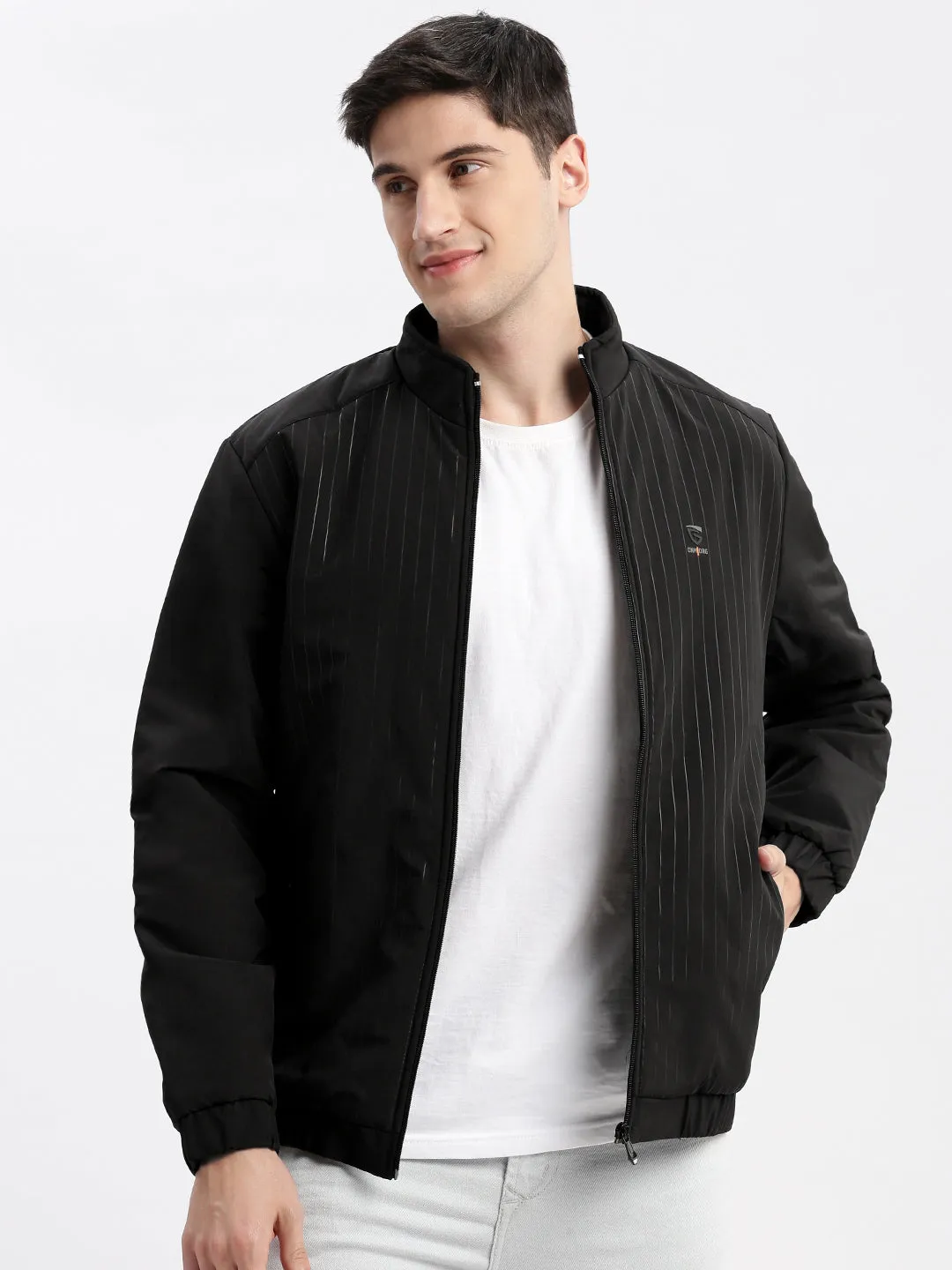 Men Solid Mock Collar Black Bomber Jacket