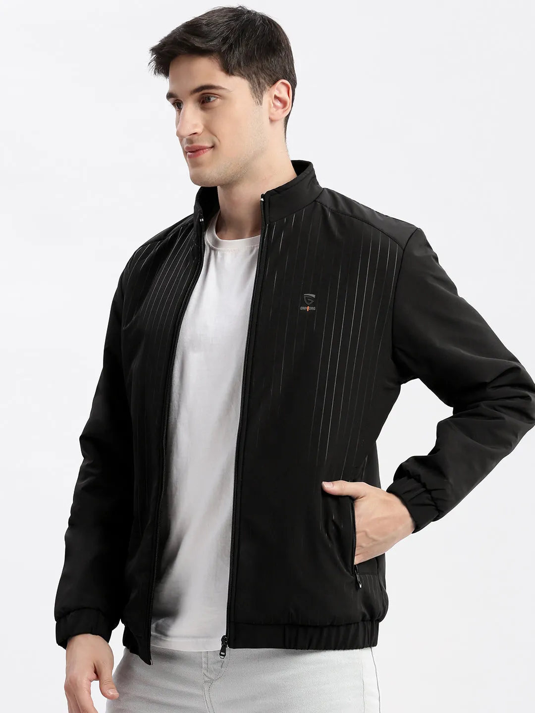 Men Solid Mock Collar Black Bomber Jacket
