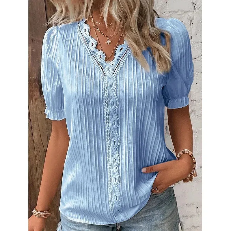 Summer V Neck Lace Stitching Women Shirts Hollow Sleeve Blouse