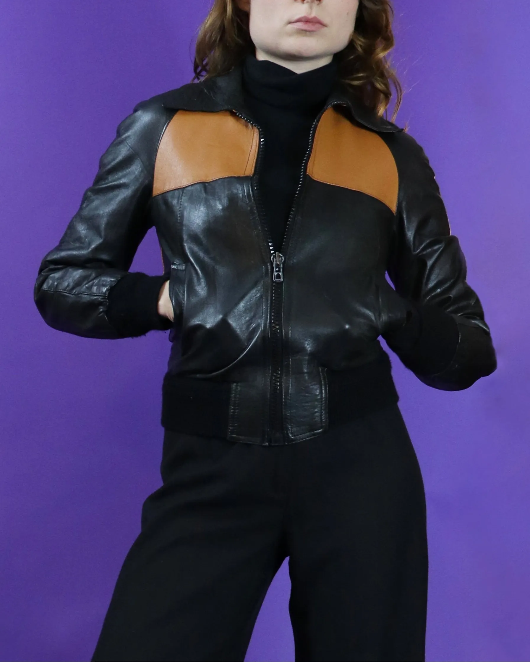 Vintage 1970s Tan and Black Leather Bomber Jacket