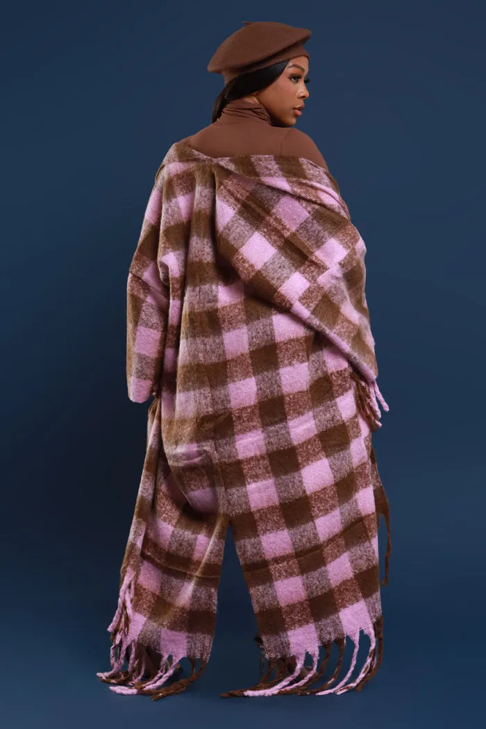 Warm Up To You Fringe Maxi Cardigan Sweater - Pink/Brown Checkered